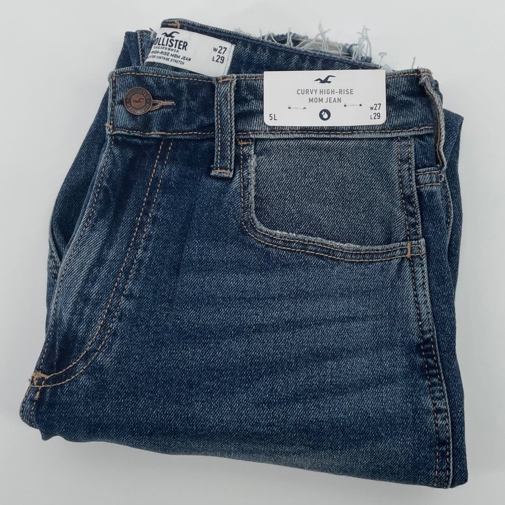 Hollister Curvy High Rise Mom Jeans Blue Distressed 5L W27 L29 NEW